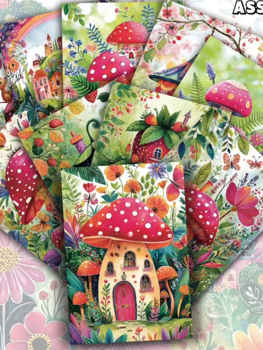 Colorful Art Mushroom Houses Postcards Retro Colorful Birdhouses Junk Journaling